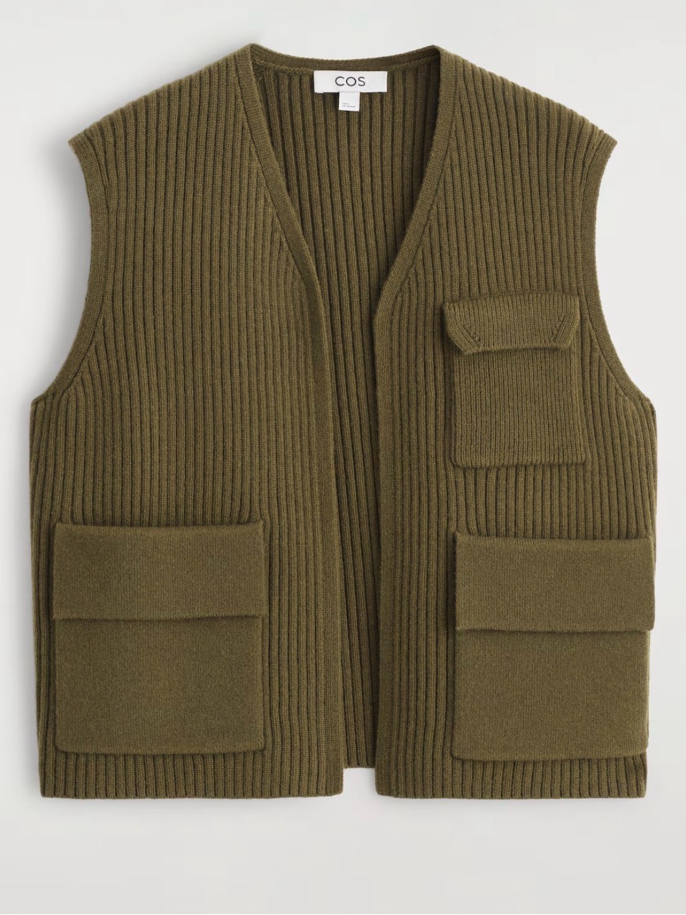 COS Military Olive Green Ribbed Merino Wool Cardigan Vest - Picture 3 of 12